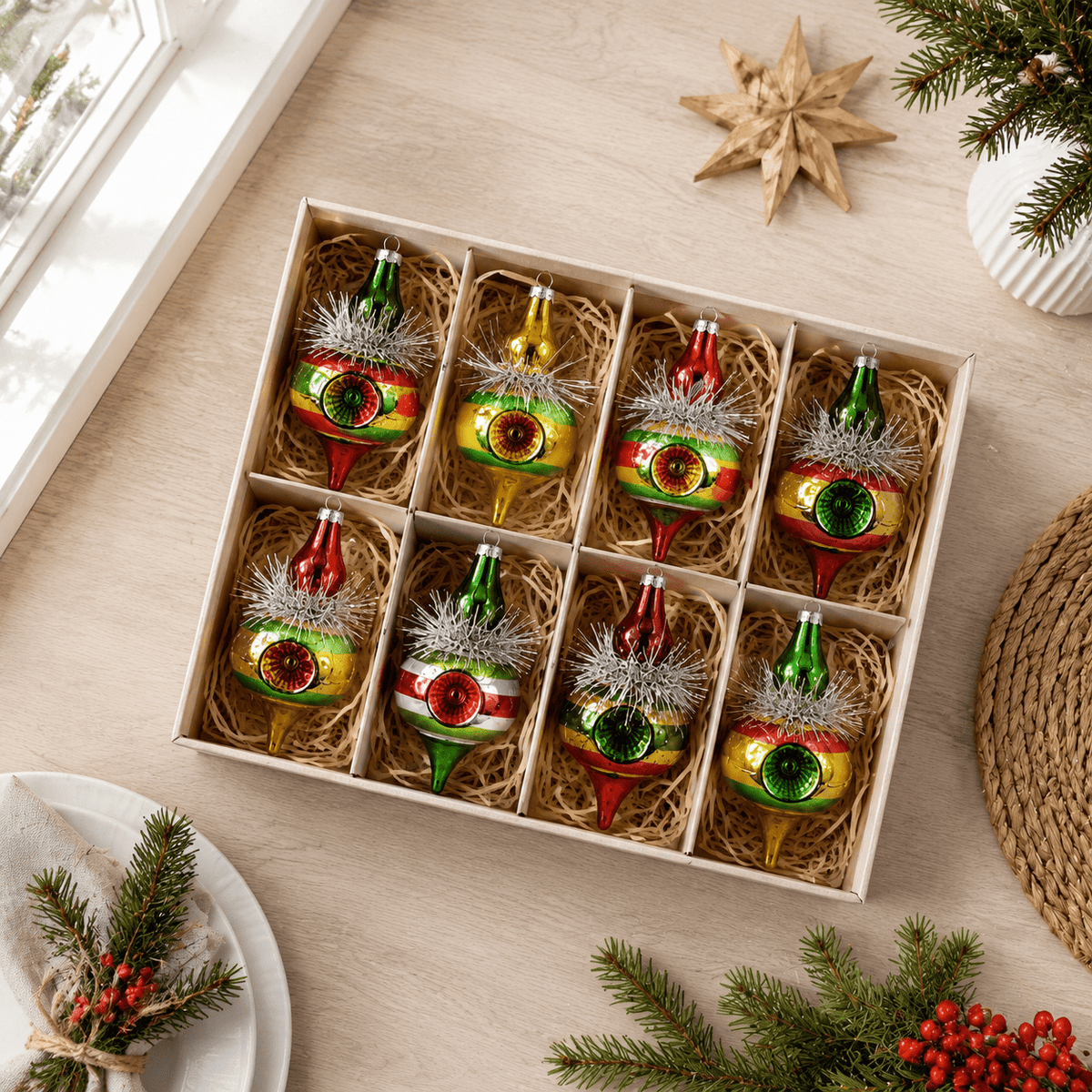 Multi Color Retro 8-Piece Vintage Glass Christmas Ornament Set