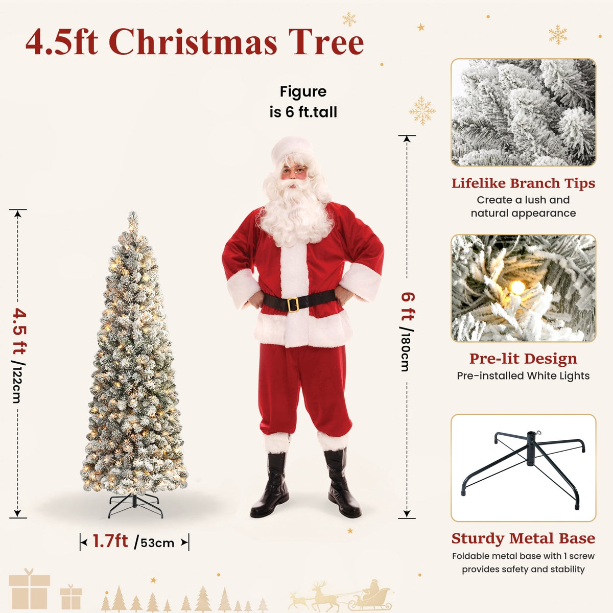 Lolsea 7ft Prelit Snow Flocked Artificial Pencil Christmas Tree with Warm White Lights, Full Branch Tips, Perfect Choice Decoration for Xmas Holiday