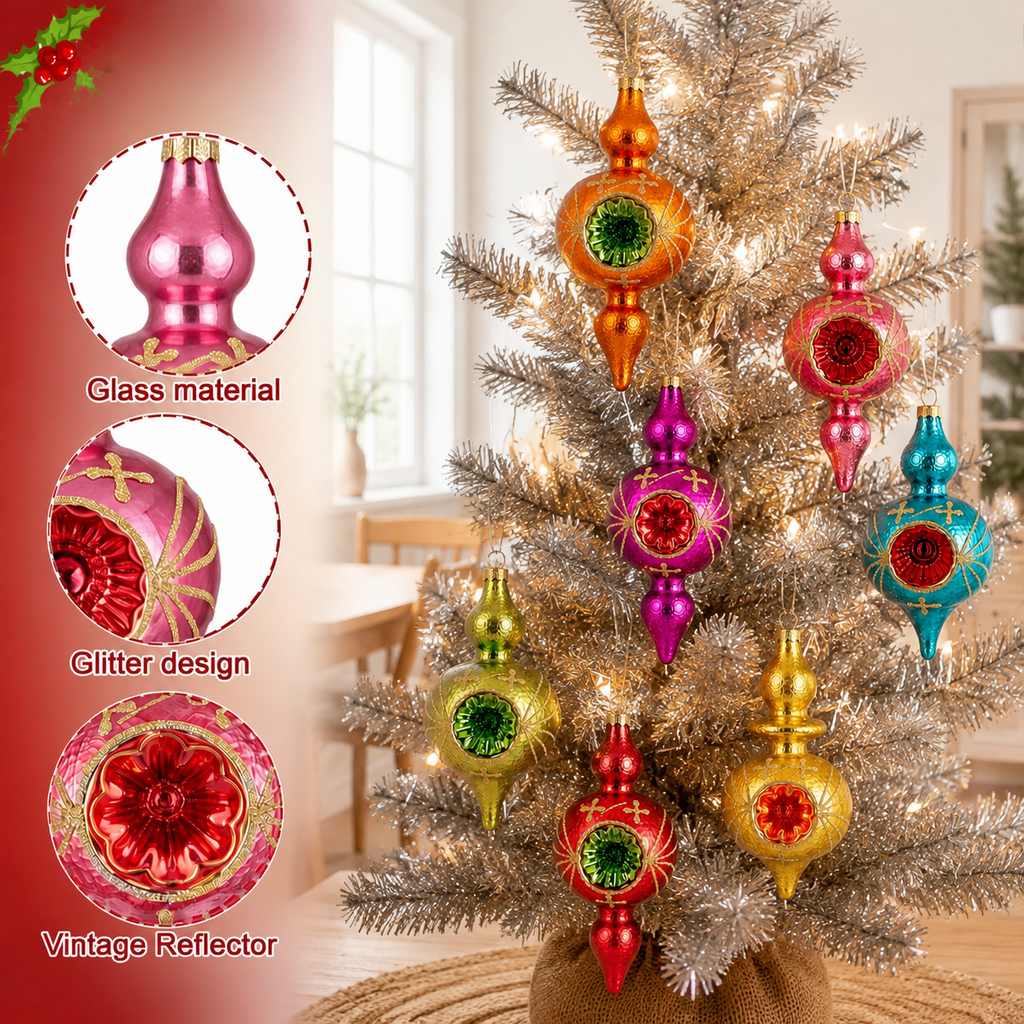 Multi Color Retro 8-Piece Vintage Glass Christmas Ornament Set