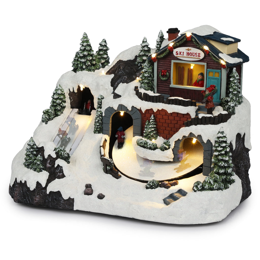 Alpine Corporation Animated Children Playing in Christmas Village Holiday Tabletop Decor with 26 Multicolor LED Lights and 5.9' Cord, 17" L x 11" W x 9" H