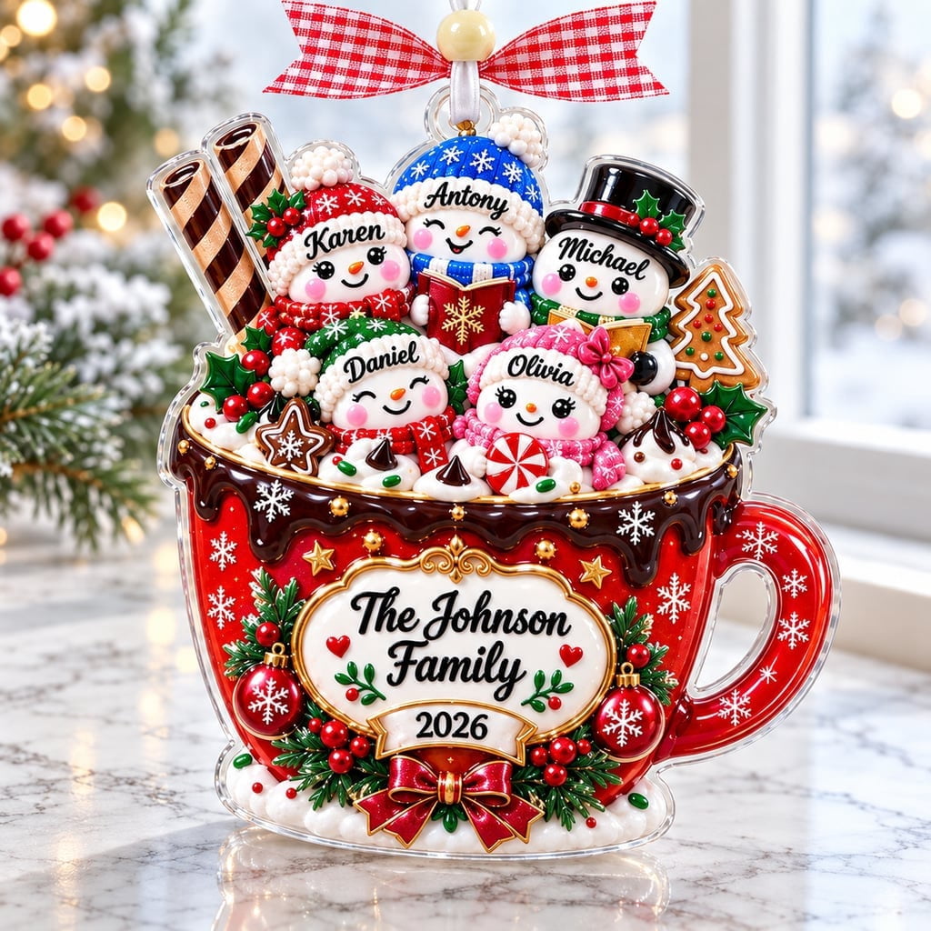 Family Ornament, Personalized Marshmallow Hot Cocoa Mug Design for Christmas Tree Decor and Holiday Keepsake