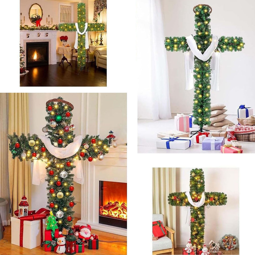 XEOVHV 6Ft Cross Christmas Tree,Foldable Cross Christmas Tree,Christmas Tree Shaped Like a Cross,Pre-Lit Artificial Pine Christmas Cross,with 50 LED Light and Silk Scarf Wood Rattan Ring