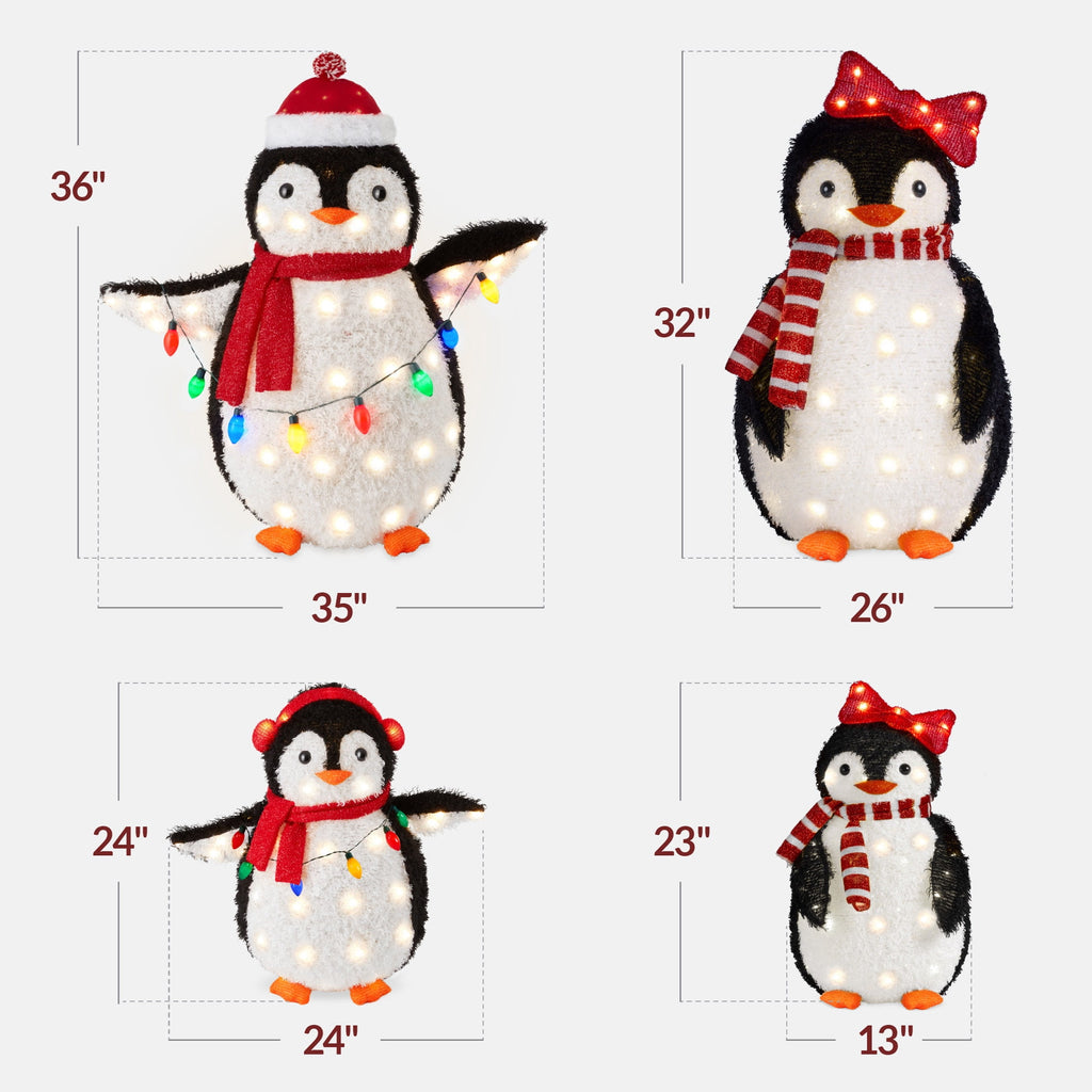 Best Choice Products 4-Piece Lighted 3ft Pop-Up Penguin Family Outdoor Christmas Decoration w/ 300 LED Lights - Red