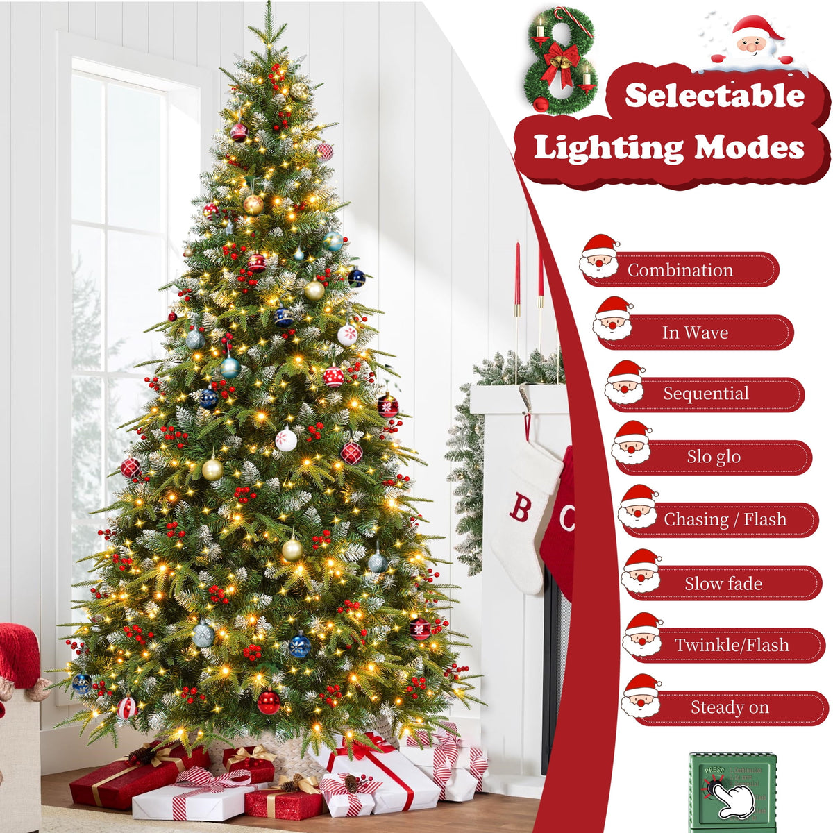 Yexmas 7.5ft Pre-Lit Artificial Christmas Trees,Green Xmas Tree with Large Christmas Tree Storage Bag, Berries, Realistic Artificial Christmas Trees for Home, Office, Party Decoration