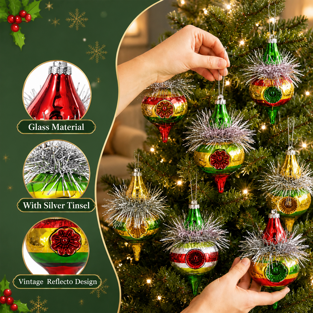 Multi Color Retro 8-Piece Vintage Glass Christmas Ornament Set