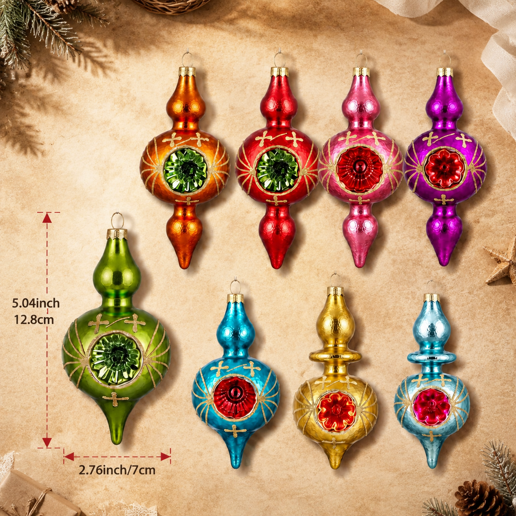 Multi Color Retro 8-Piece Vintage Glass Christmas Ornament Set