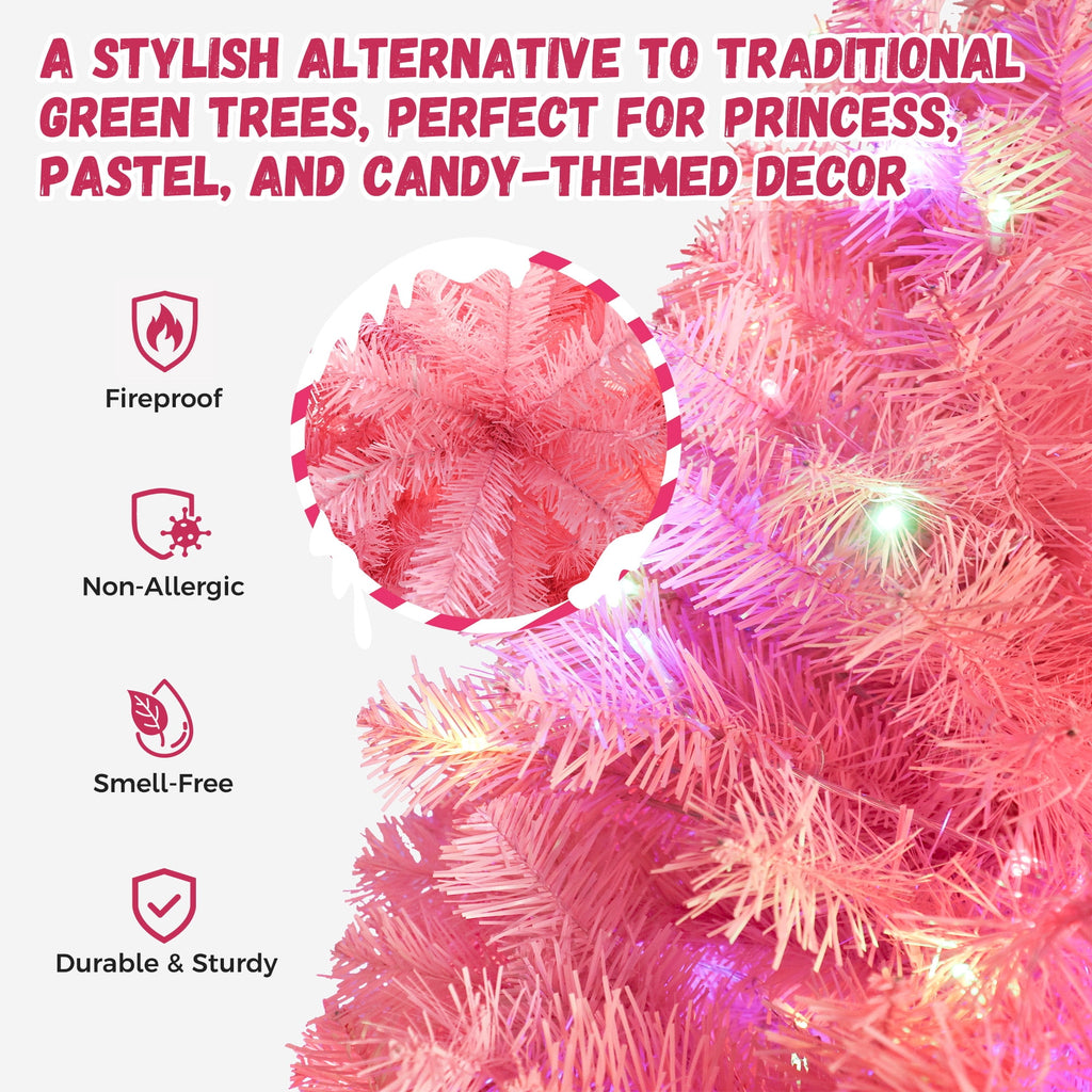 Yexmas 6ft Pre-Lit Pink Christmas Tree,Artificial Christmas Tree with 1000 PVC Branches,300 Multicolor Lights,Metal Hinges,Xmas Tree for Home,Holiday Party Decorations