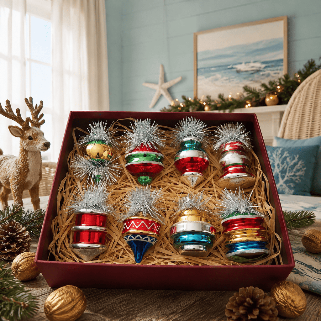 Multi Color Retro 8-Piece Vintage Glass Christmas Ornament Set