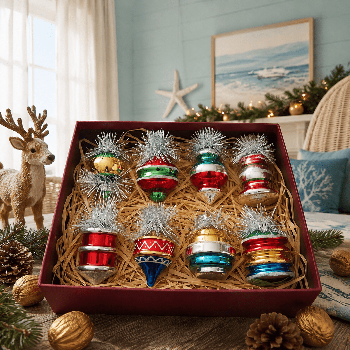 Multi Color Retro 8-Piece Vintage Glass Christmas Ornament Set