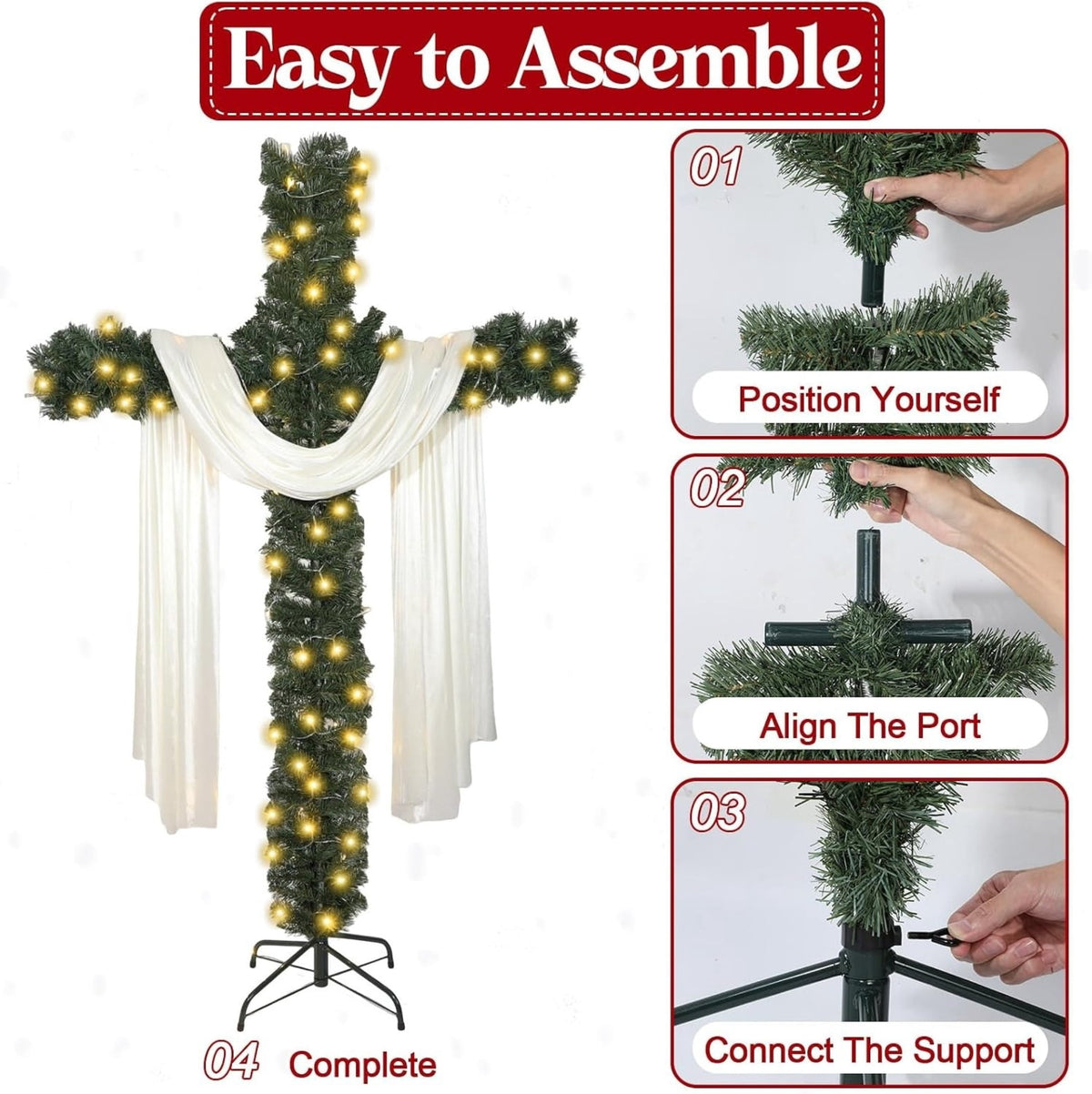 Christmas Tree, Artificial Cross Design with Lights, White Scarf and Metal Stand
