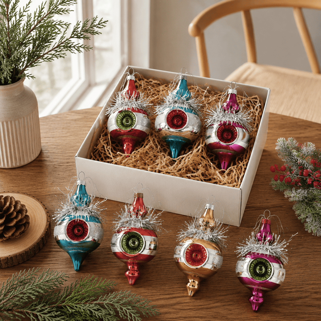 Multi Color Retro 8-Piece Vintage Glass Christmas Ornament Set