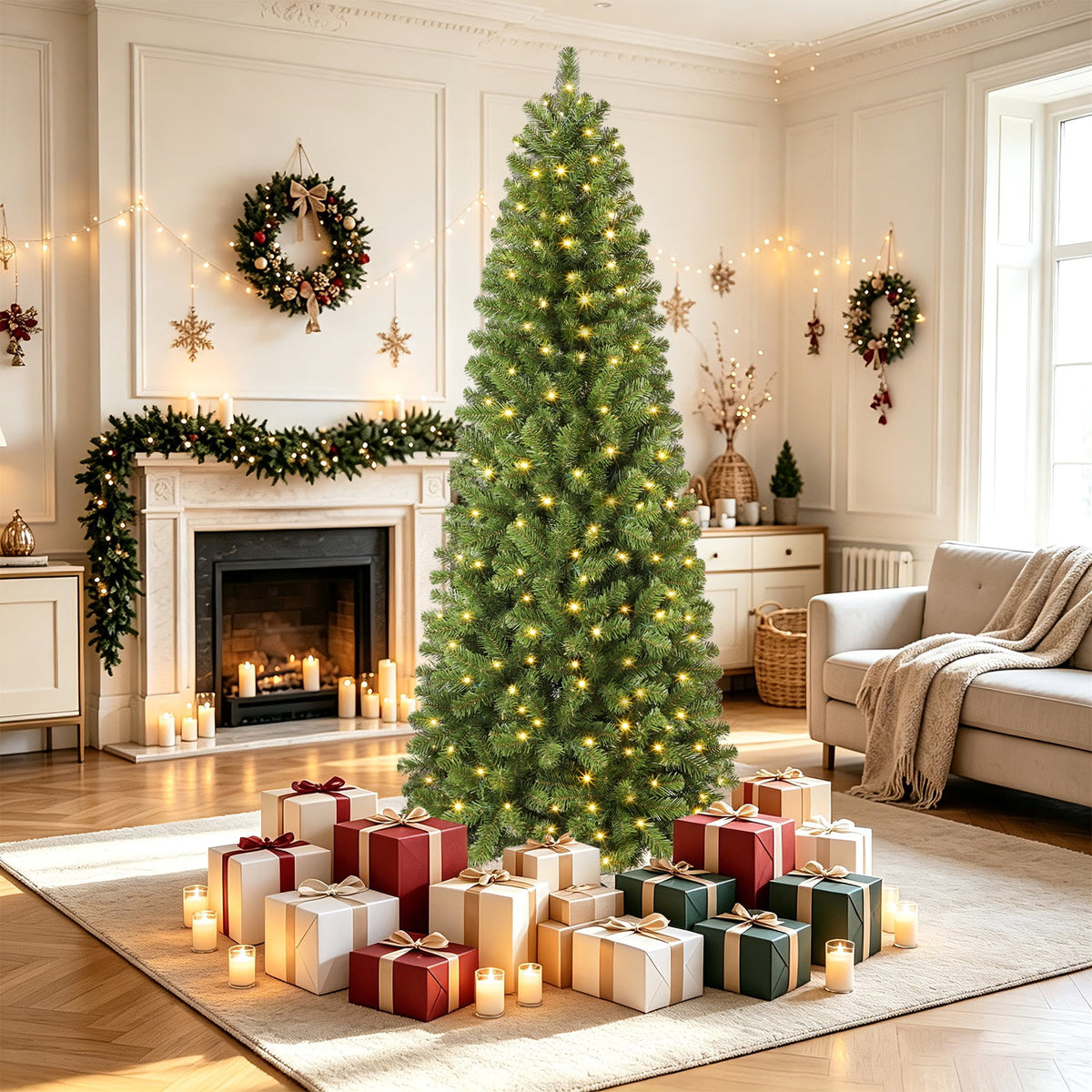 Lolsea 6.5ft Prelit Artificial Slim Pencil Christmas Tree w/ Warm White Lights, Full Branch Tips, Perfect Choice Decoration for Xmas Holiday