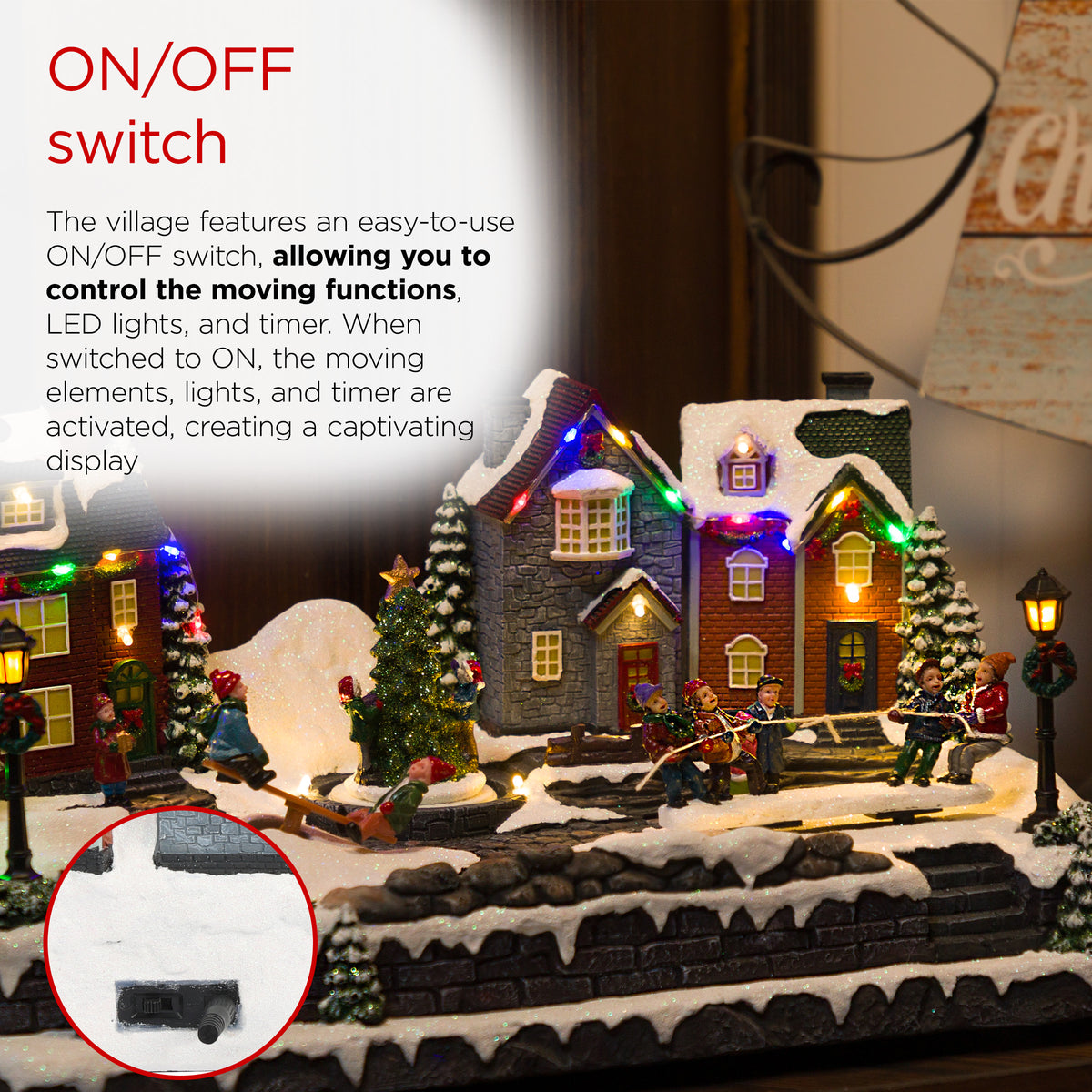 Alpine Corporation Animated Children Playing in Christmas Village Holiday Tabletop Decor with 26 Multicolor LED Lights and 5.9' Cord, 17" L x 11" W x 9" H