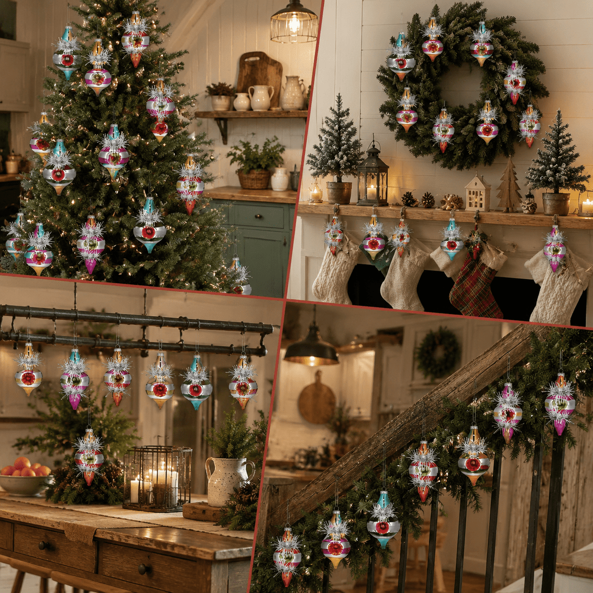 Multi Color Retro 8-Piece Vintage Glass Christmas Ornament Set