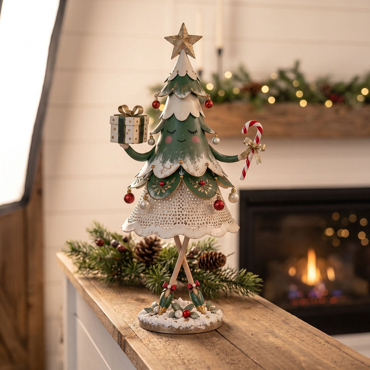 Lighted Mini Iron Art Christmas Tree 2PCS,Tabletop LED Dancing Tree Girl Statue With Star Top Tabletop Ornament For Mantel Shelf