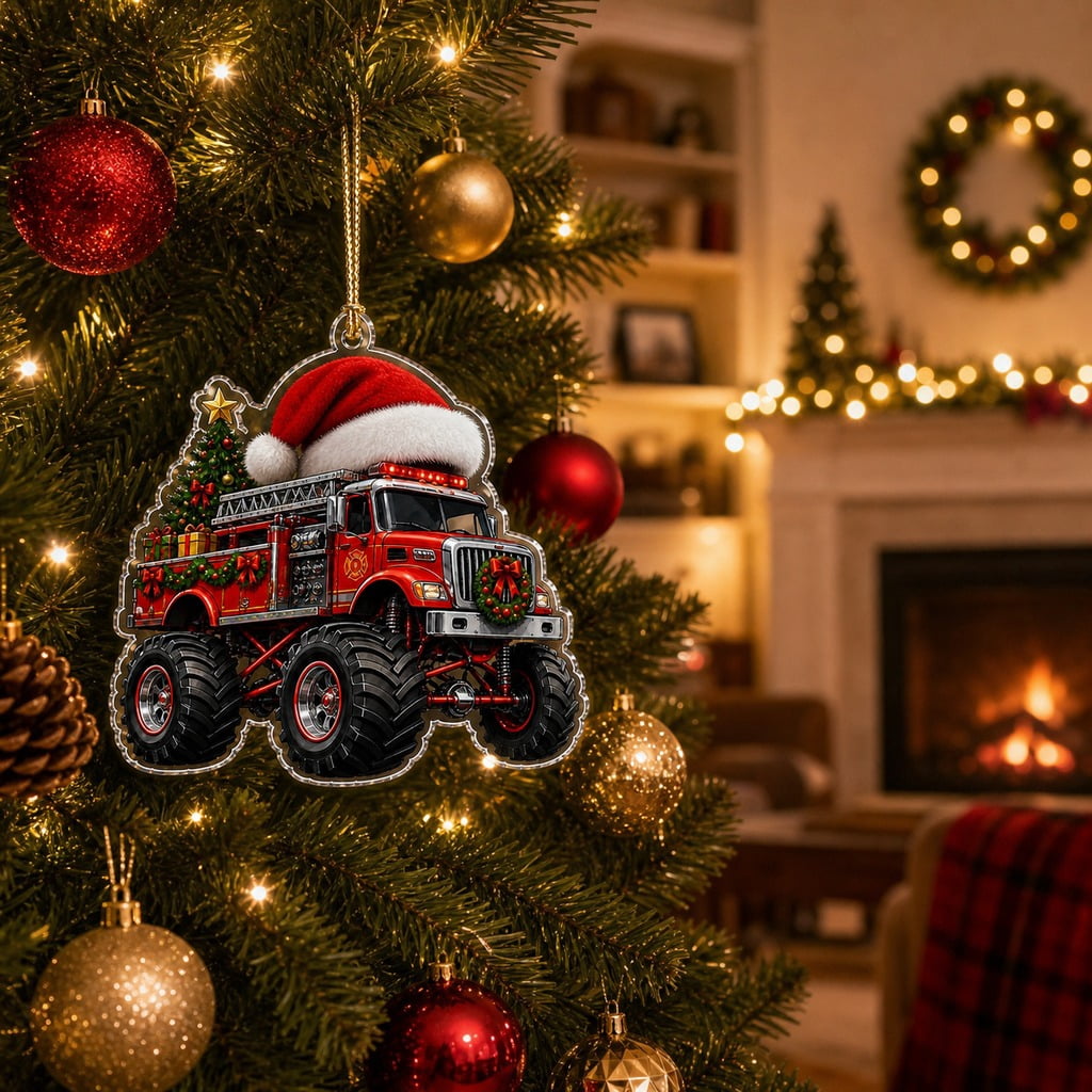 Christmas Ornament Fire Truck Holiday Acrylic Tree Hanging for Firefighters
