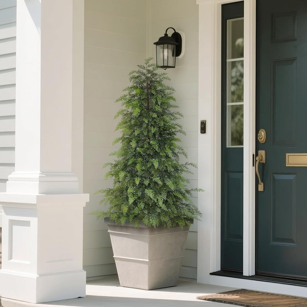 4FT Lifelike Touch Artificial Cedar Topiary Trees for Front Porch | Fake Christmas Trees, Faux Potted Plants, UV Resistant Fake Greenery, for Front Door Garden Outdoor Farmhouse Home Decoration