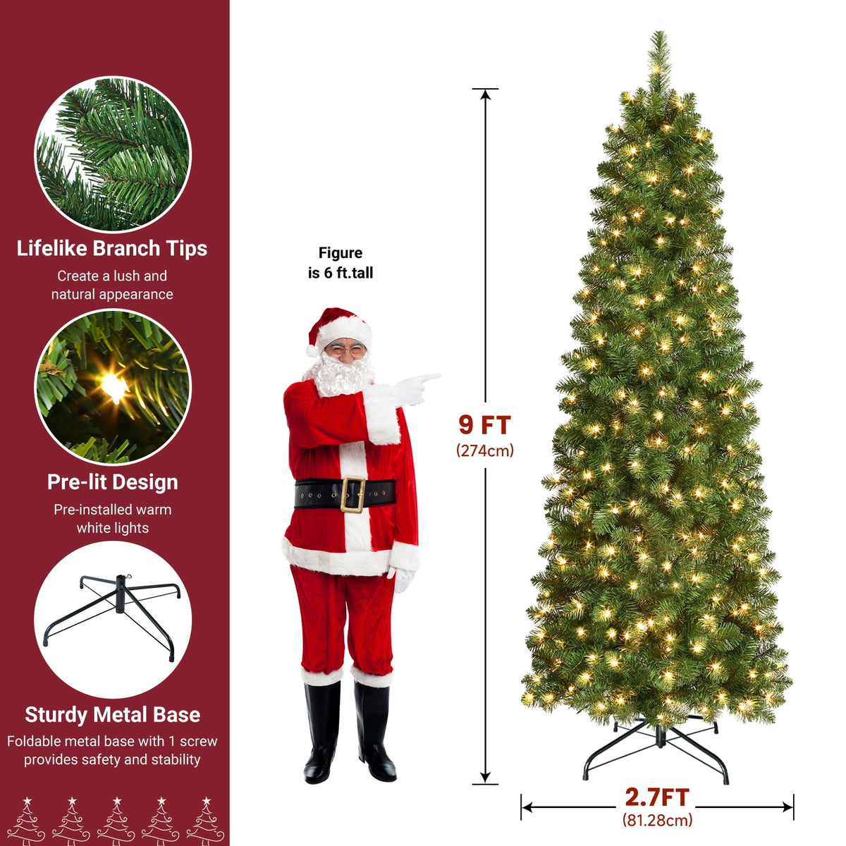 Lolsea 6.5ft Prelit Artificial Slim Pencil Christmas Tree w/ Warm White Lights, Full Branch Tips, Perfect Choice Decoration for Xmas Holiday