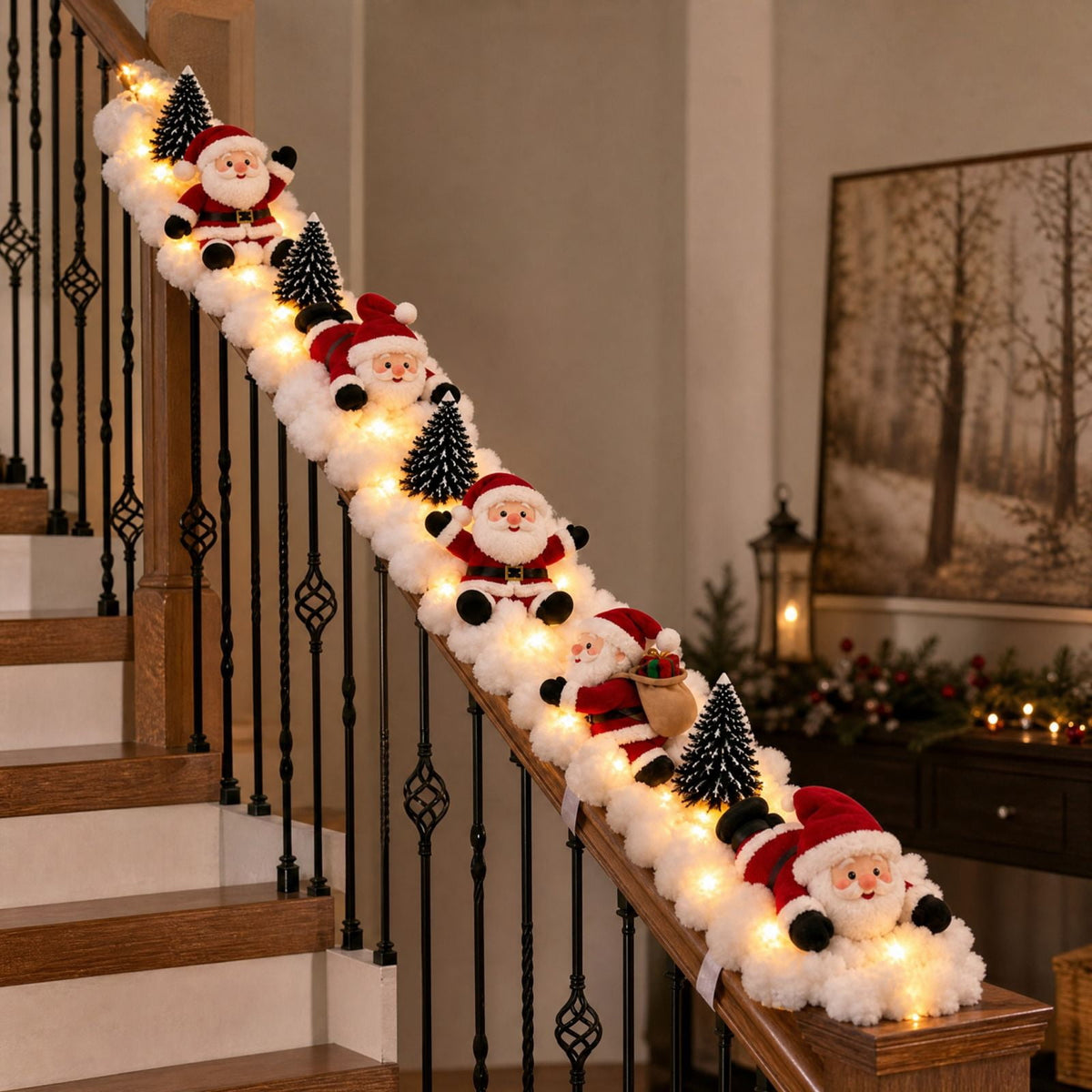 Lighted Christmas Stair Railing Garland Pack of 5 Santa Figures Snow Scene Ornament for Staircase Banister Indoor Display