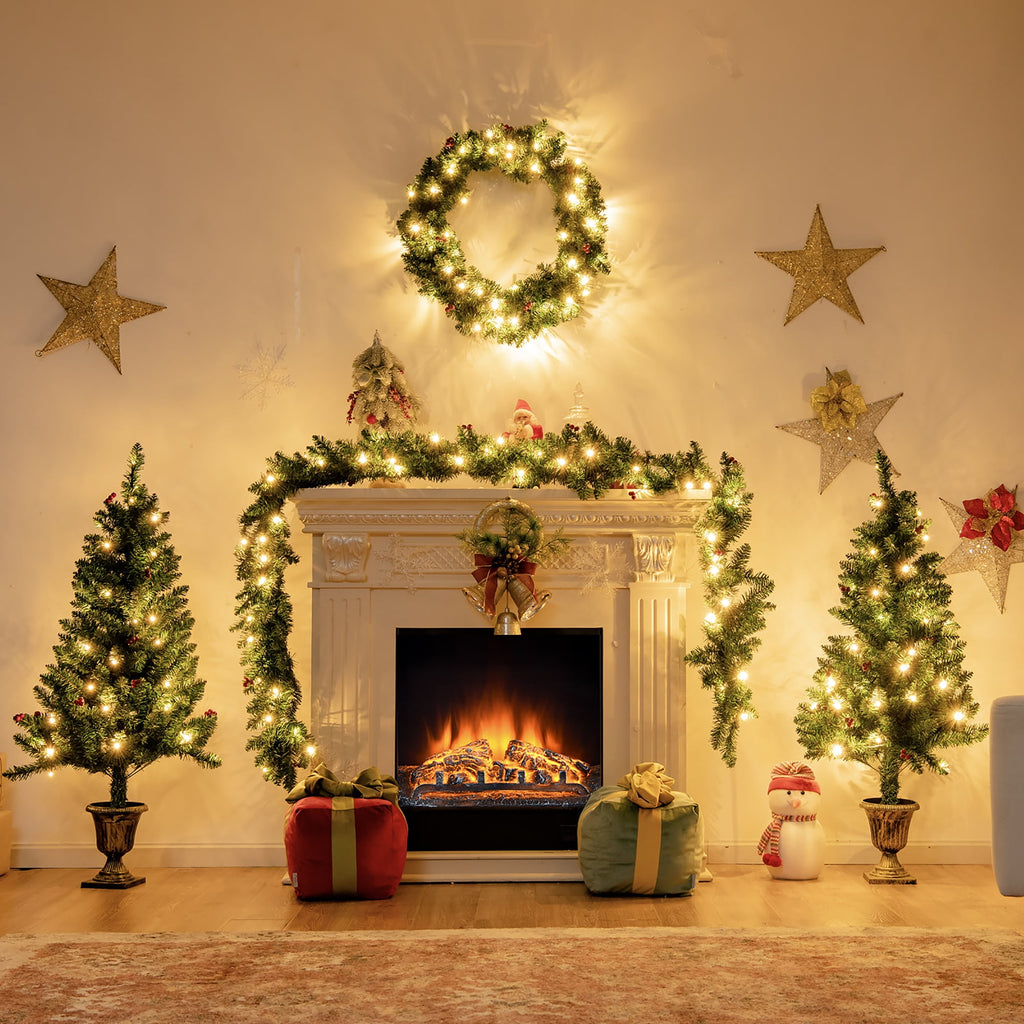 Costway 4pcs Pre-lit Christmas Decoration Set w/ Garland Wreath & Entrance Trees