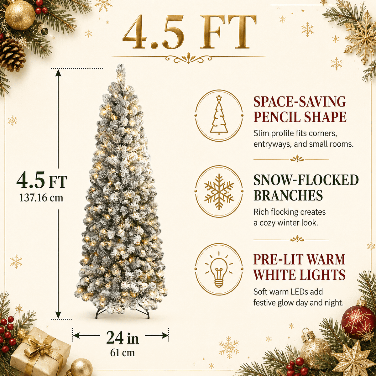 DRNEWI 6.5ft Prelit Snow Flocked Artificial Pencil Christmas Tree with Warm White Lights, Full Branch Tips, Perfect Choice Decoration for Xmas Holiday