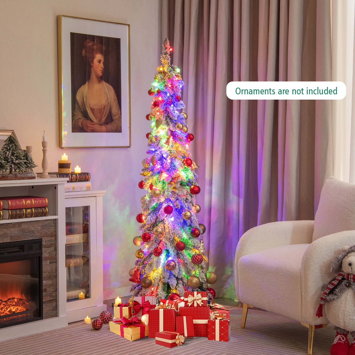 Costway 5 FT Pre-Lit Slim Christmas Tree Flocked Xmas Decoration 11 Modes 150 LED Lights