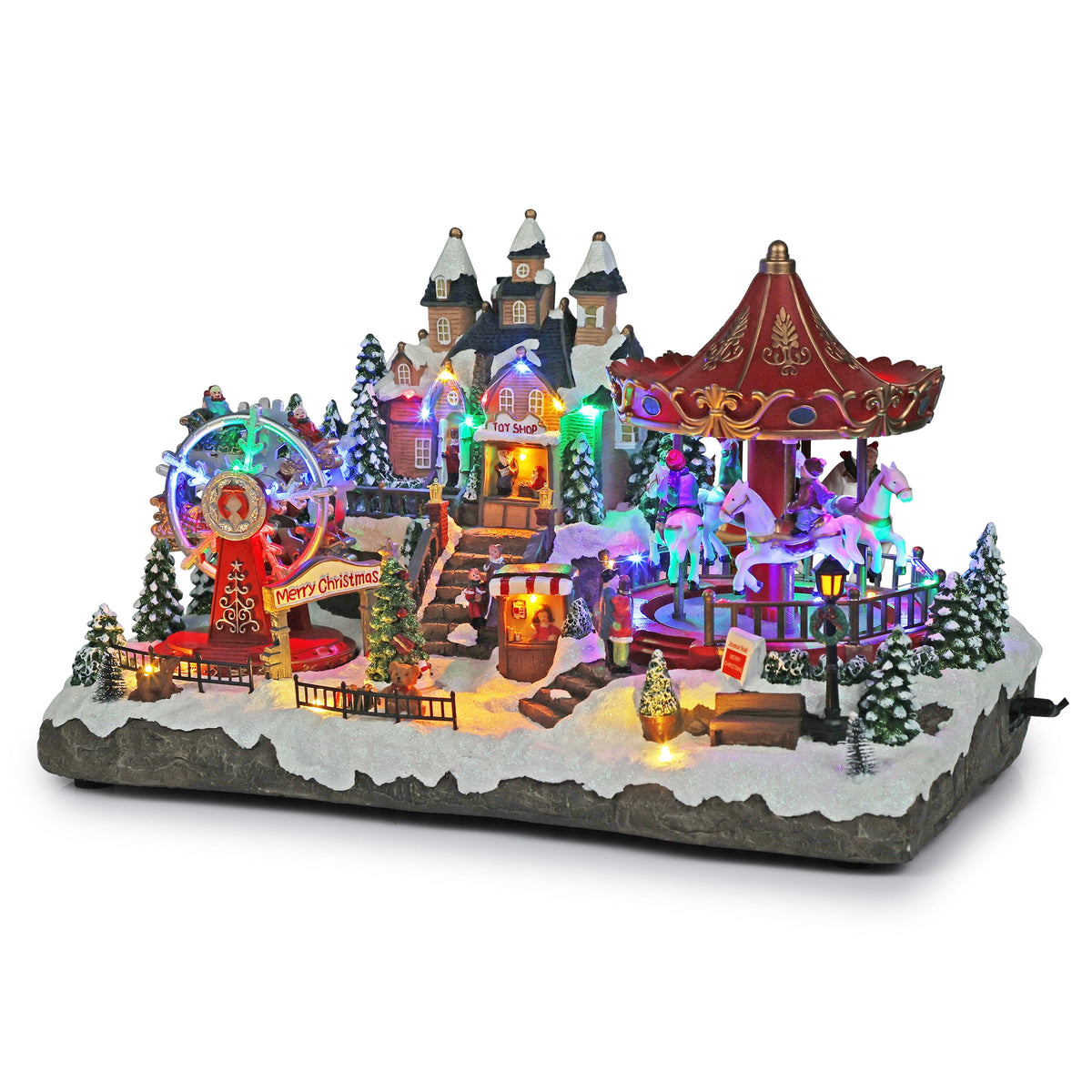 Alpine Corporation Animated Children Playing in Christmas Village Holiday Tabletop Decor with 26 Multicolor LED Lights and 5.9' Cord, 17" L x 11" W x 9" H