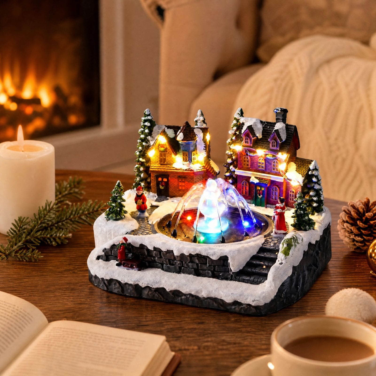 Rysoverian Christmas Lighted Fountain Music Box, Rotating Resin Ornament with Music and Water Spray for Tabletop Holiday Decor