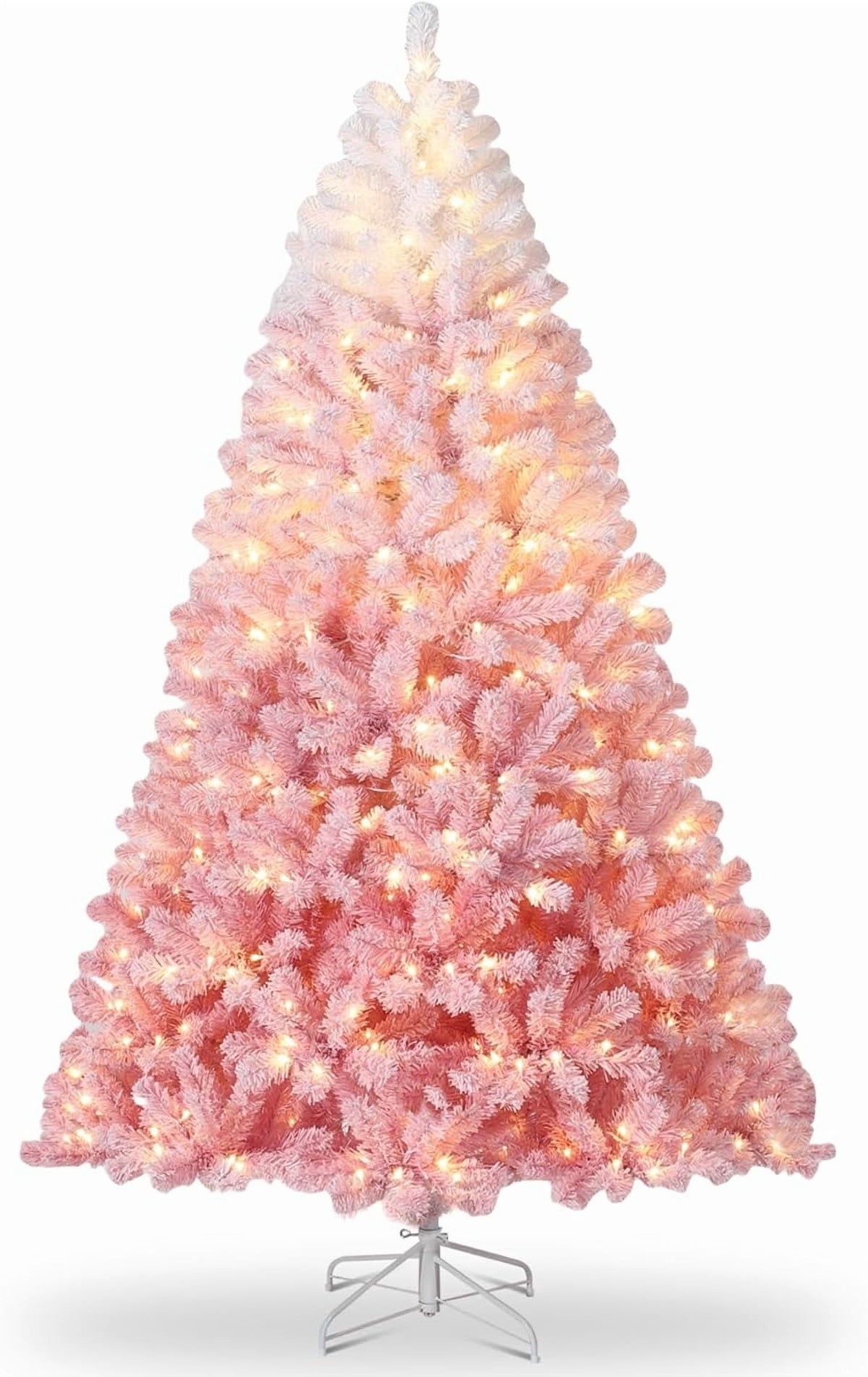 6FT Pre-Lit Snow Flocked Christmas Tree, Pink Gradient Design with 250 RGB & Warm White LED Lights, Sturdy Foldable Metal Stand for Living Room, Office & Holiday Display