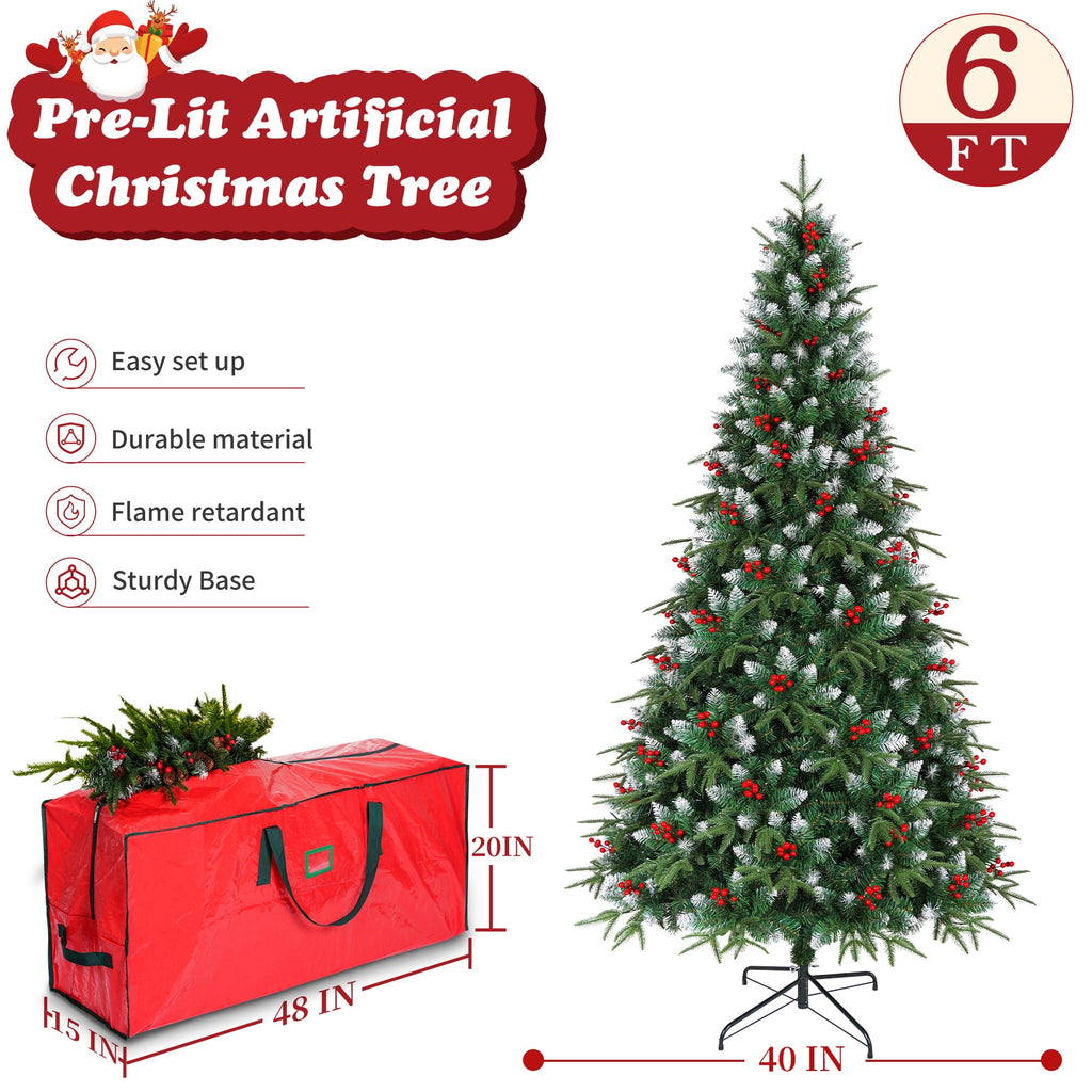 Yexmas 7.5ft Pre-Lit Artificial Christmas Trees,Green Xmas Tree with Large Christmas Tree Storage Bag, Berries, Realistic Artificial Christmas Trees for Home, Office, Party Decoration