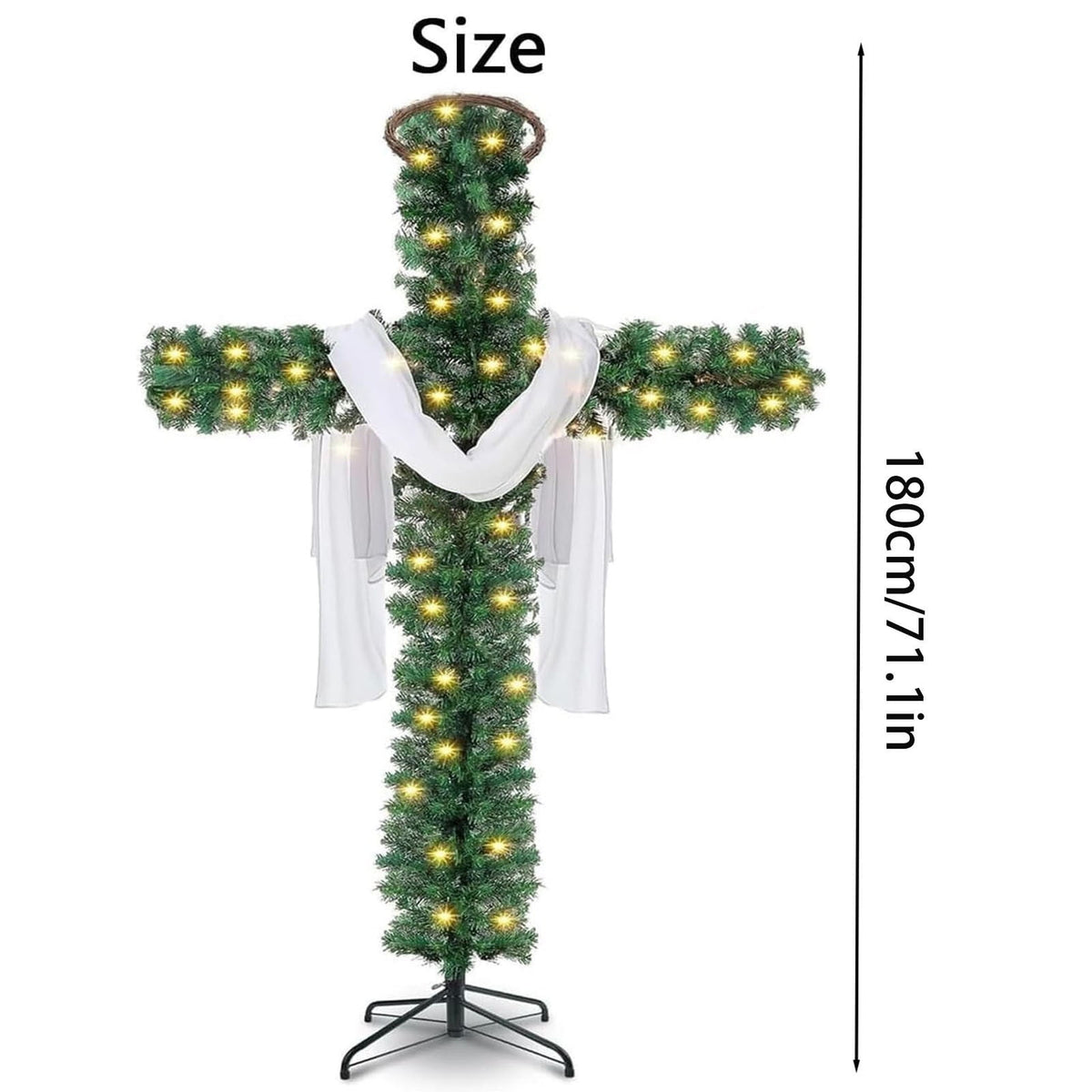 XEOVHV 6Ft Cross Christmas Tree,Foldable Cross Christmas Tree,Christmas Tree Shaped Like a Cross,Pre-Lit Artificial Pine Christmas Cross,with 50 LED Light and Silk Scarf Wood Rattan Ring