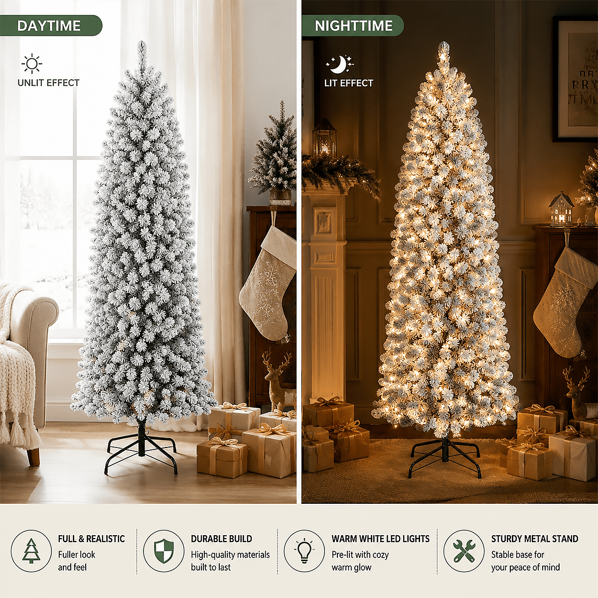 DRNEWI 6.5ft Prelit Snow Flocked Artificial Pencil Christmas Tree with Warm White Lights, Full Branch Tips, Perfect Choice Decoration for Xmas Holiday