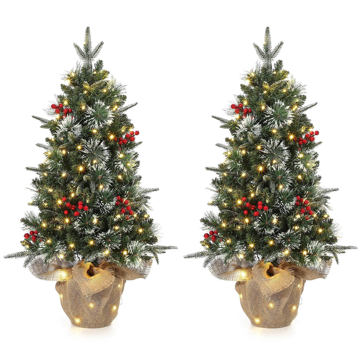 Flarhetoric 3FT Pre-Lit Snow Flocked Artificial Christmas Tree, 78 Warm White LEDs, 8 Lighting Modes, Red Berries, Easy Assembly, Tabletop Xmas Tree for Desk or Table Holiday Decor, Linen Base
