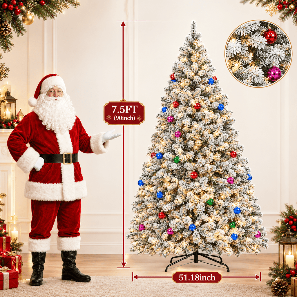AUOSHI 7.5FT Snow Flocked Christmas Tree, Artificial White Christmas Tree with Large Storage Bag,11 Modes Warm White & Multicolor LED Lights,Indoor Holiday Home Decor