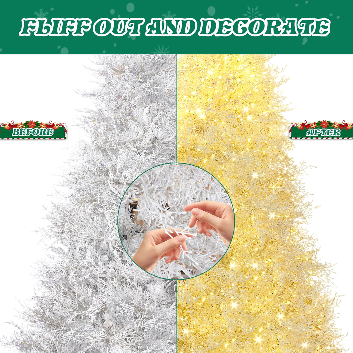 7FT White Christmas Tree, 400 LED Lights with 3 Modes Warm White Multi-color Macaroon, 1218 PE Branch Tips, Flame-Retardant, Reinforced Metal Stand, Indoor Living Room Entryway Office Holiday Decor