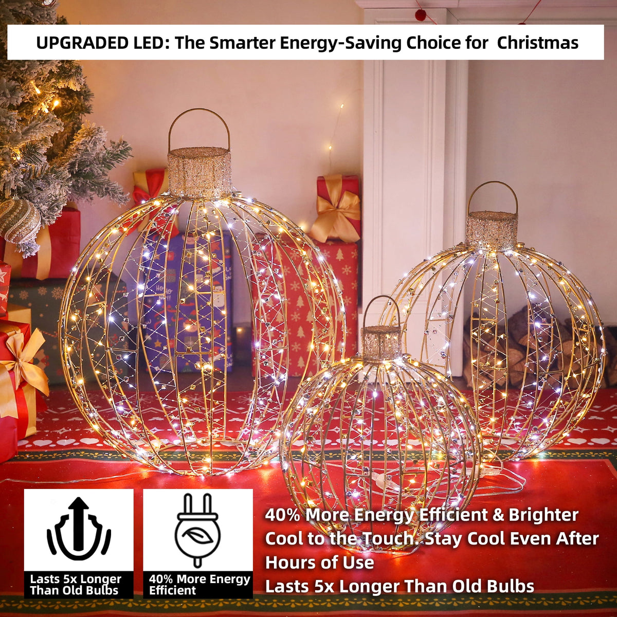 Starfree 24-inch Light Balls Lighted Christmas Yard Decor 3-Piece Christmas Hanging Ornaments LED Twinkling Tree Lights for Patio & Lawn