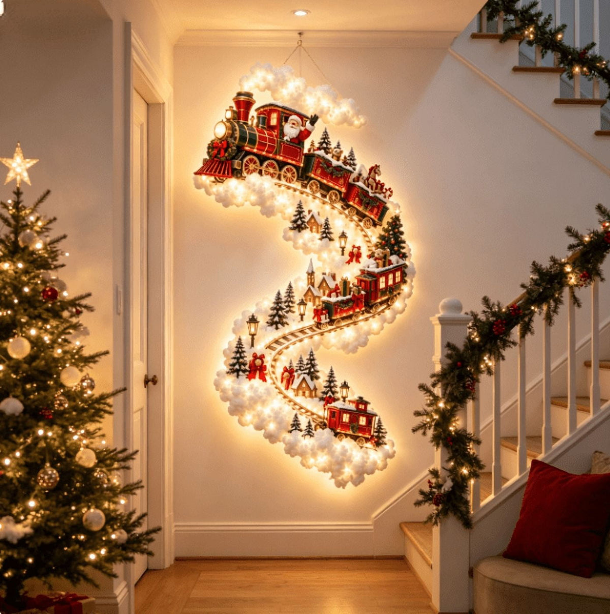 5Pcs Christmas Stair Banister Decoration Lighted Santa Snow Scene Garland for Stair Railing Indoor Holiday Home Ornament
