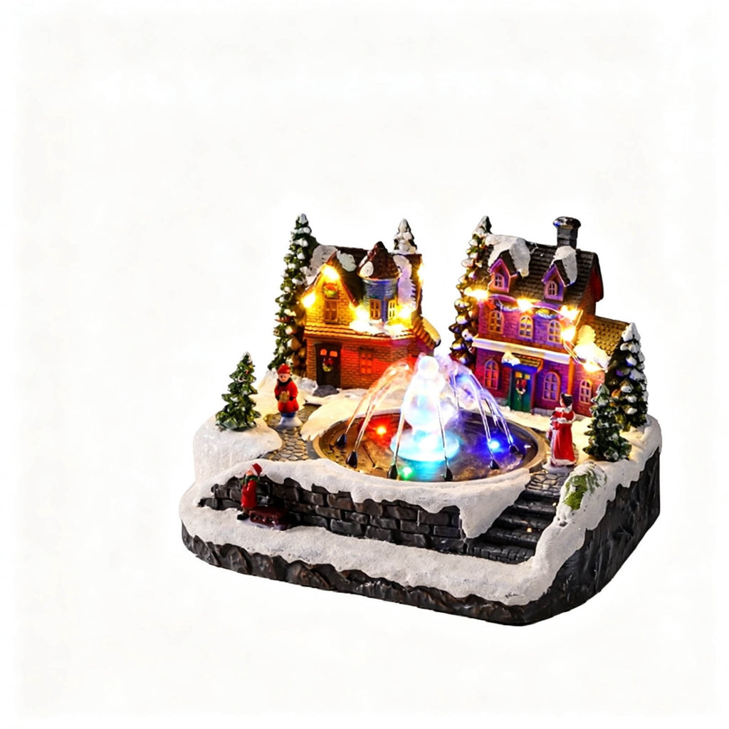 Rysoverian Christmas Lighted Fountain Music Box, Rotating Resin Ornament with Music and Water Spray for Tabletop Holiday Decor