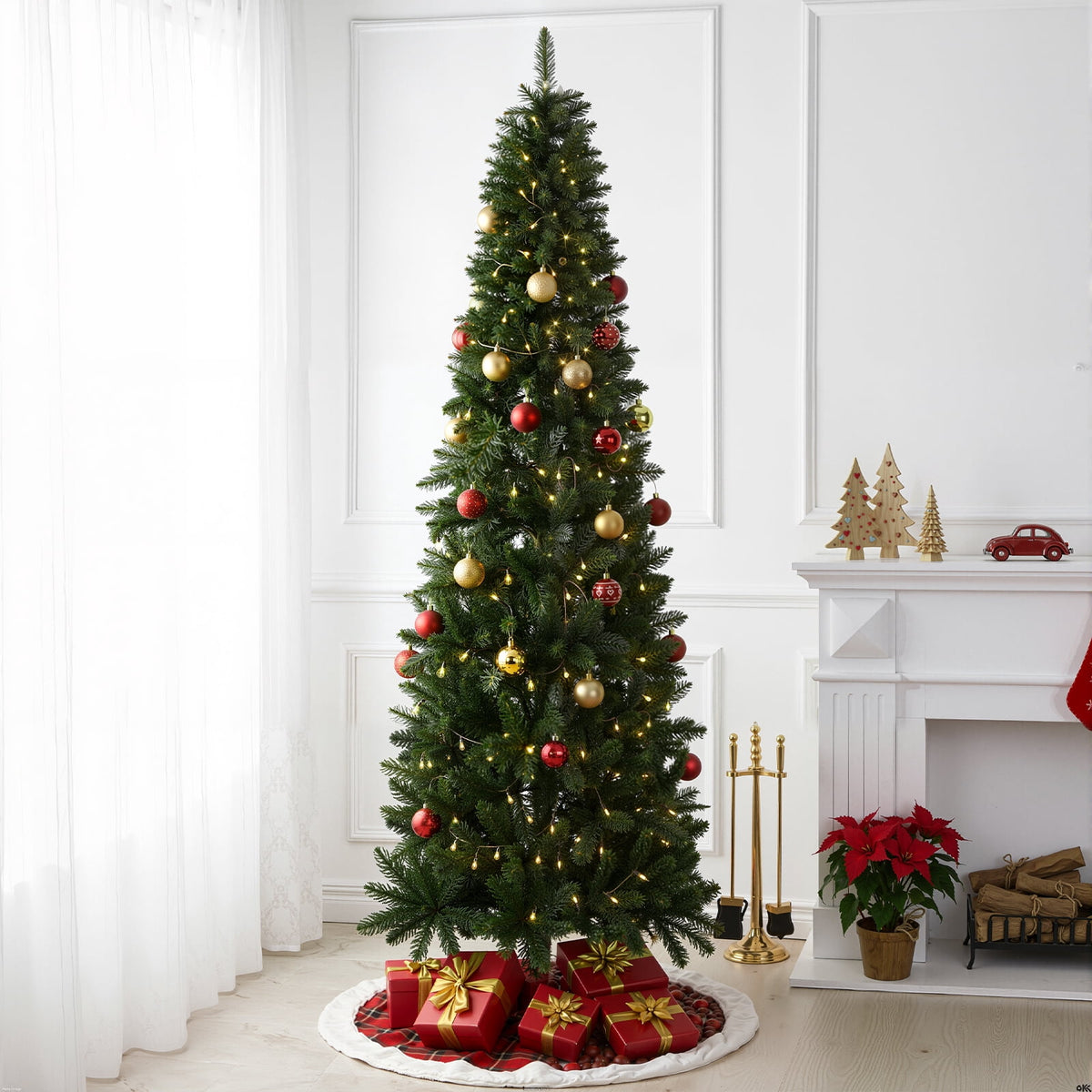 JIOABL 9-Foot Pre-Lit Fraser Fir Pencil Artificial Christmas Tree, Offering 8 Warm Light Modes, Green