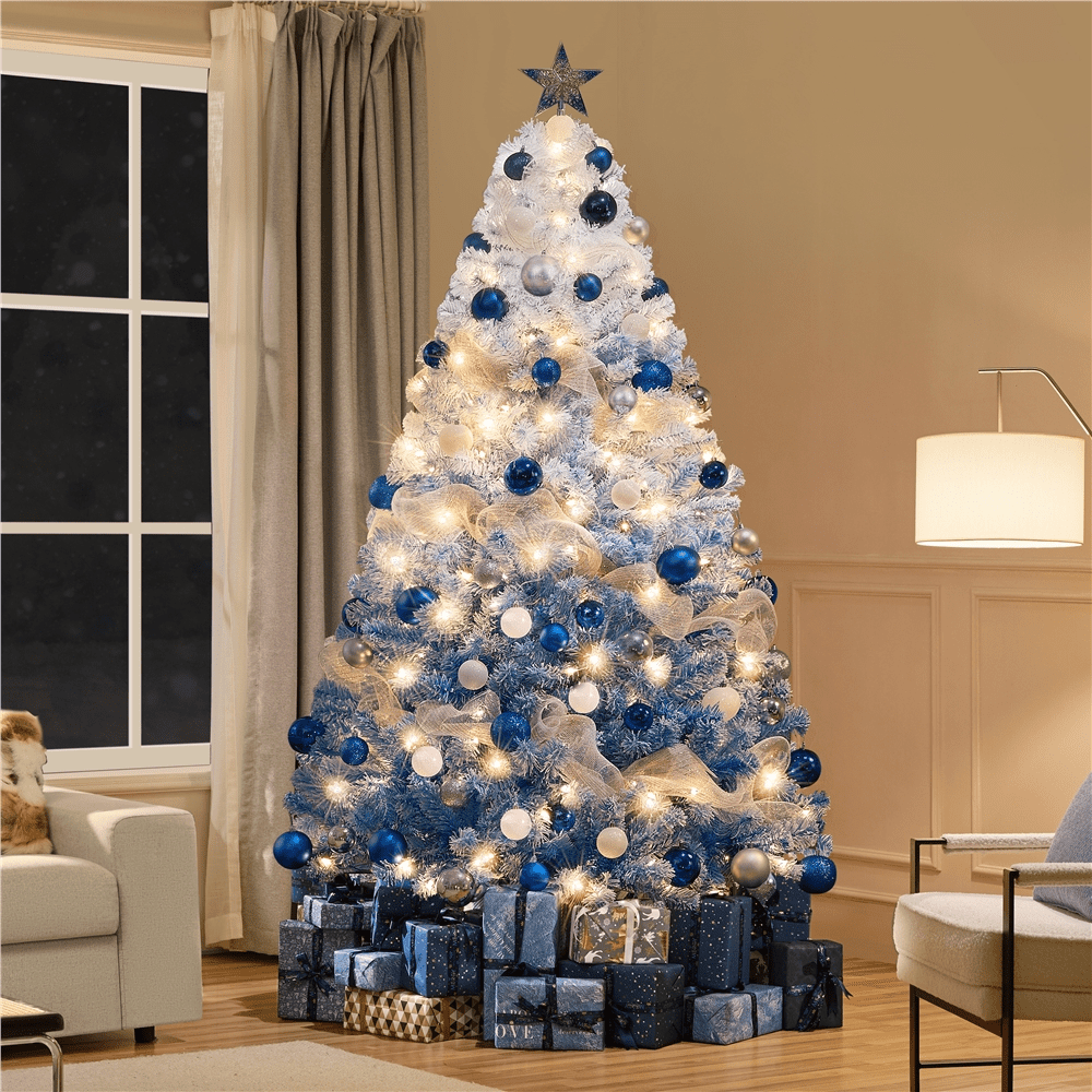 Alden Design 7.5 ft Pre-Lit Flocked Christmas Tree with Warm Lights, Frosted White