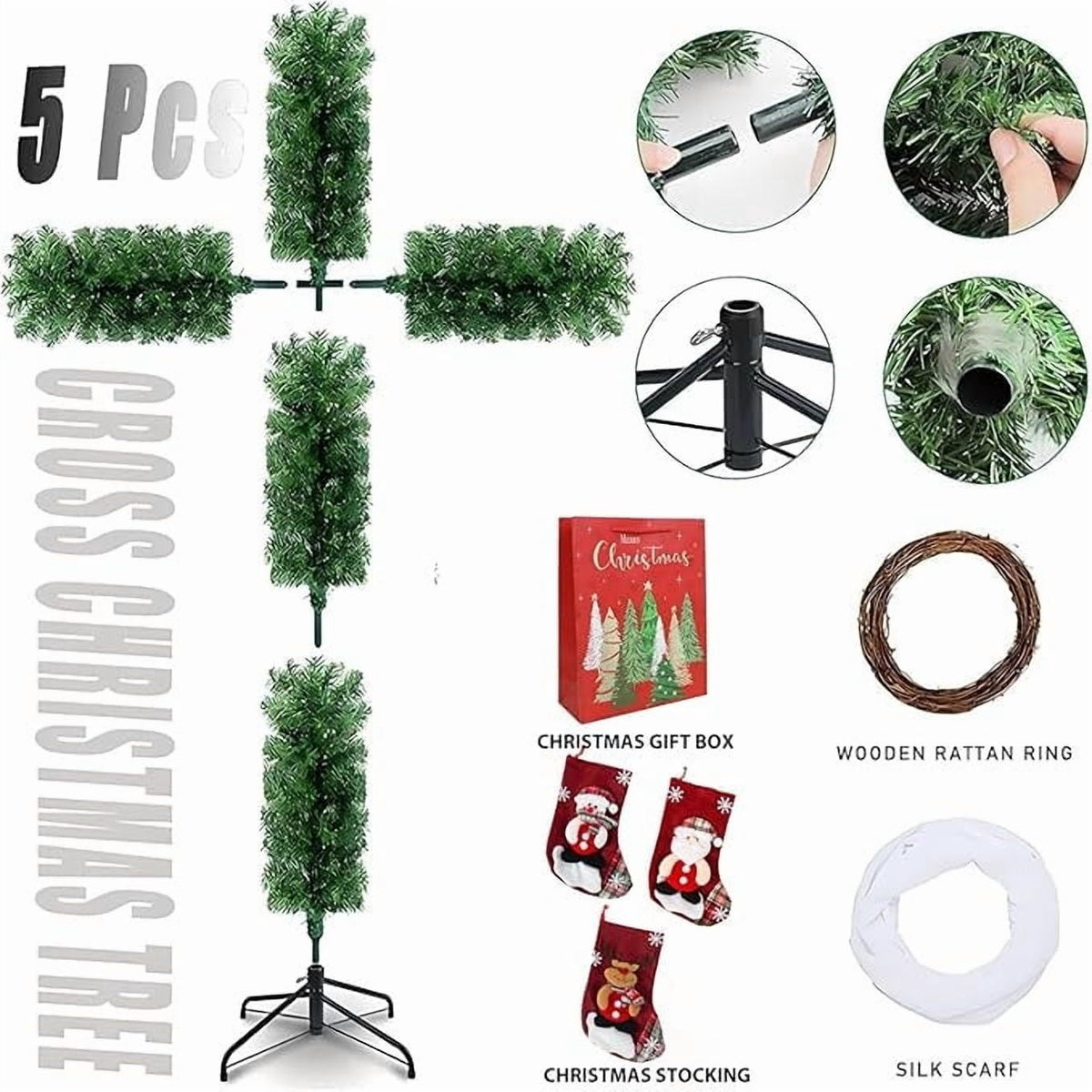 Faux Pre-Lit Cross Shaped Christmas Tree Cross, Exquisite Christmas Decorations (6FT-3 socks)