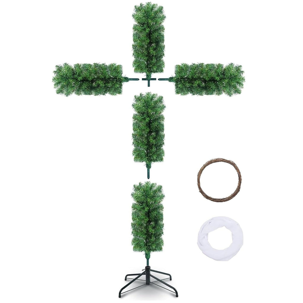 XEOVHV 6Ft Cross Christmas Tree,Foldable Cross Christmas Tree,Christmas Tree Shaped Like a Cross,Pre-Lit Artificial Pine Christmas Cross,with 50 LED Light and Silk Scarf Wood Rattan Ring