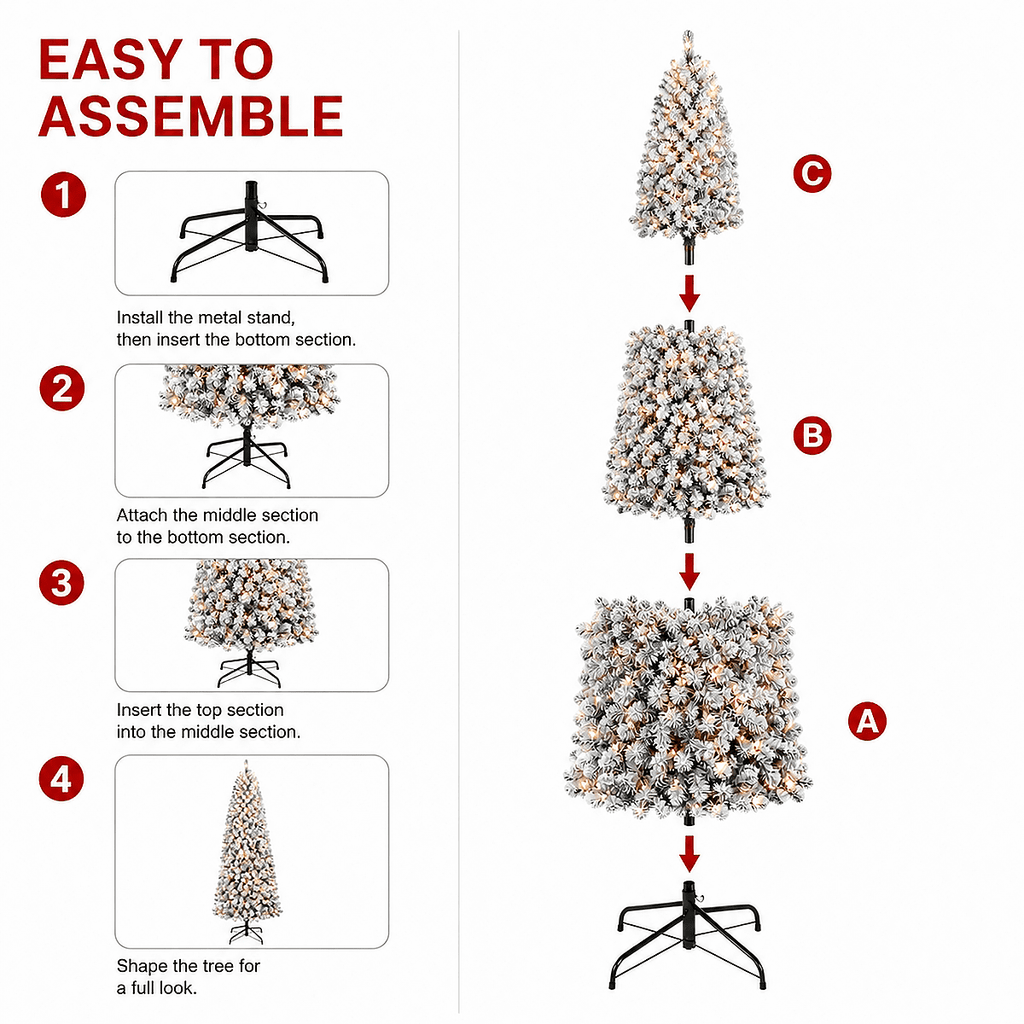 DRNEWI 6.5ft Prelit Snow Flocked Artificial Pencil Christmas Tree with Warm White Lights, Full Branch Tips, Perfect Choice Decoration for Xmas Holiday