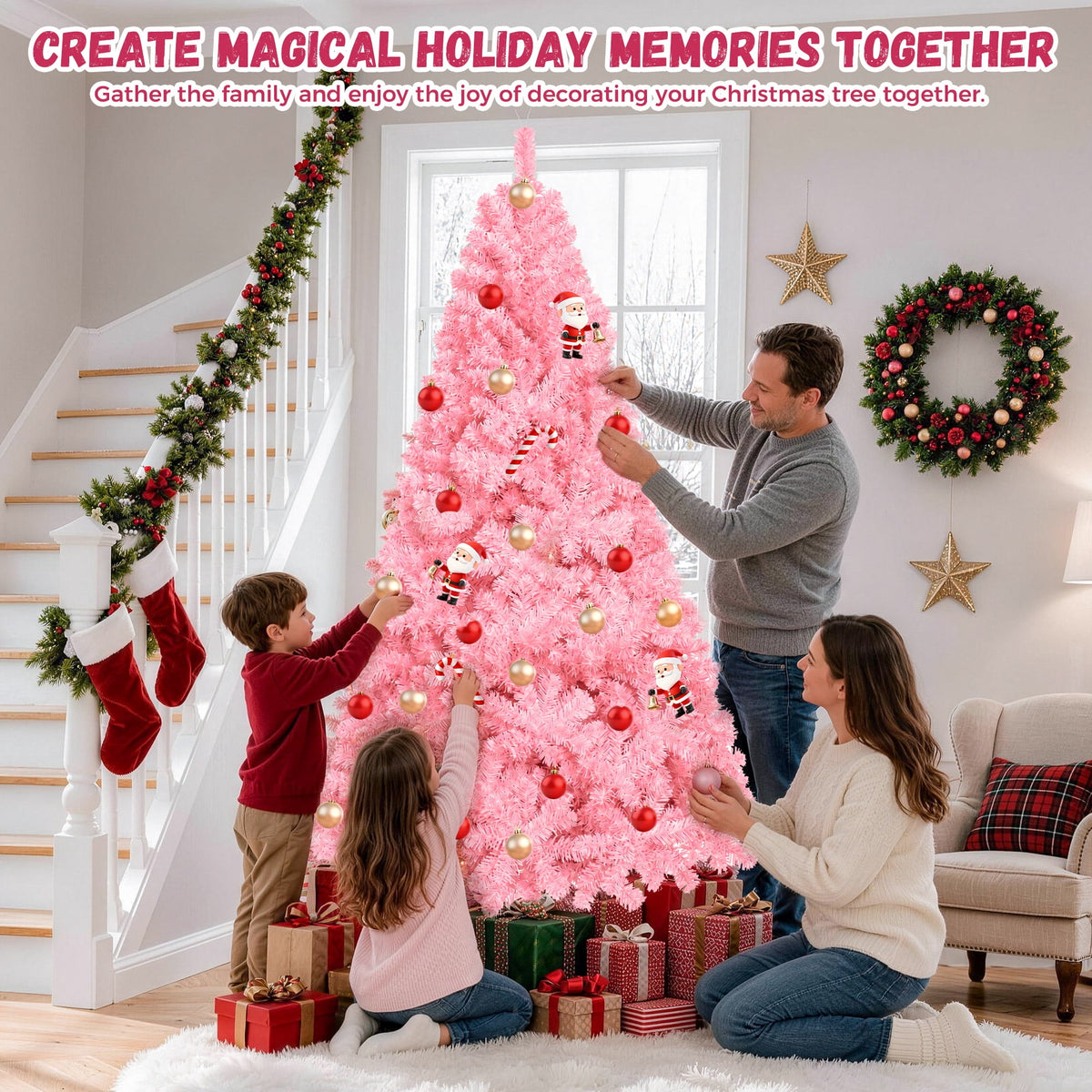 Yexmas 6ft Pre-Lit Pink Christmas Tree,Artificial Christmas Tree with 1000 PVC Branches,300 Multicolor Lights,Metal Hinges,Xmas Tree for Home,Holiday Party Decorations