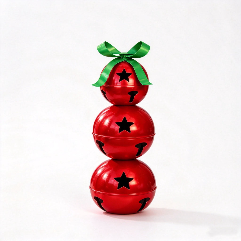Stacked Christmas Bells, 23.6 Inch 3-Tier Red Metal Bell Decoration with Star Cutouts and Green Bow, Large Christmas Porch Decor for Mantel Entryway Holiday Display