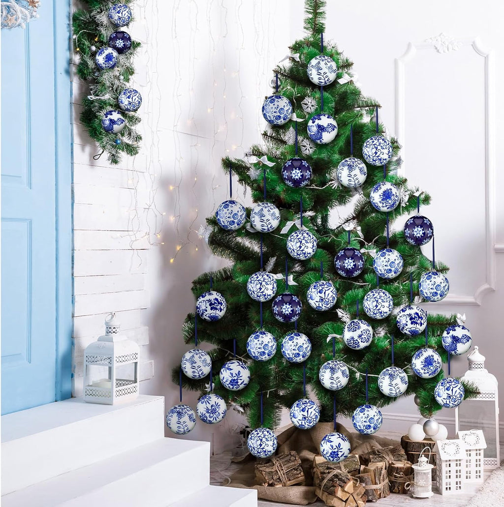 12 Pcs Chinoiserie Porcelain Ornaments for Christmas Tree White and Blue Porcelain Balls Ornaments 2.4 Inches Ceramic Hanging Balls Xmas Orbs with Ribbon for Home Decorations