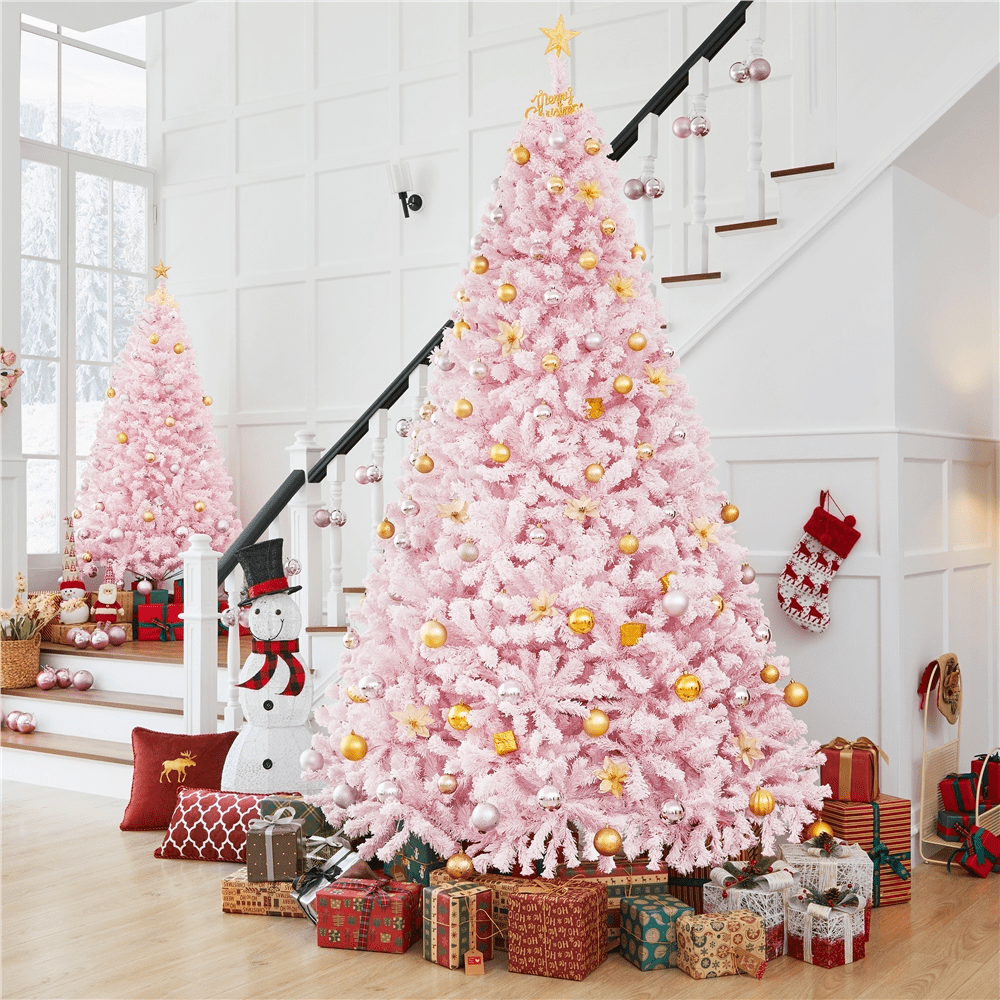Alden Design 7.5 ft Pre-Lit Flocked Christmas Tree with Warm Lights, Frosted White