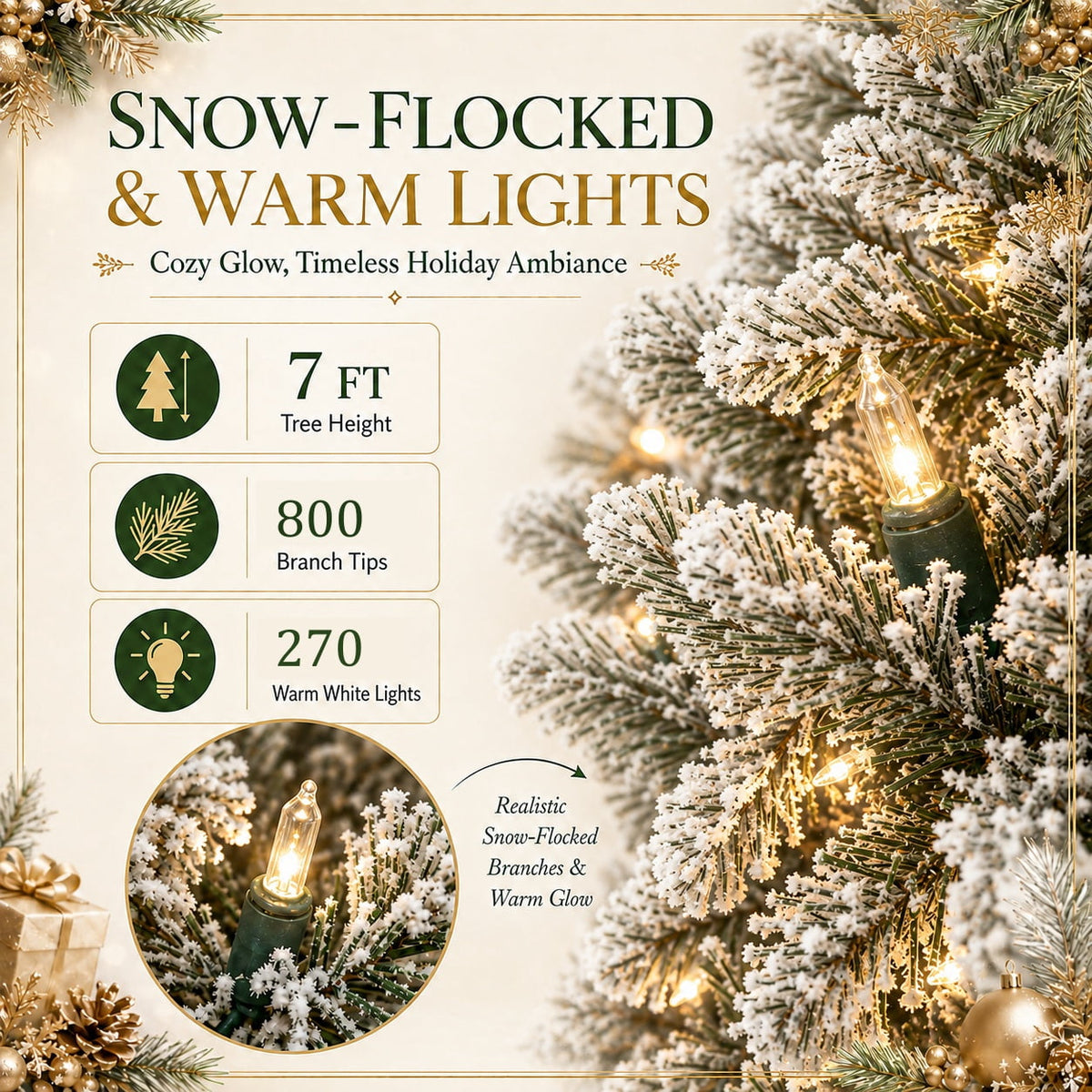 DRNEWI 6.5ft Prelit Snow Flocked Artificial Pencil Christmas Tree with Warm White Lights, Full Branch Tips, Perfect Choice Decoration for Xmas Holiday