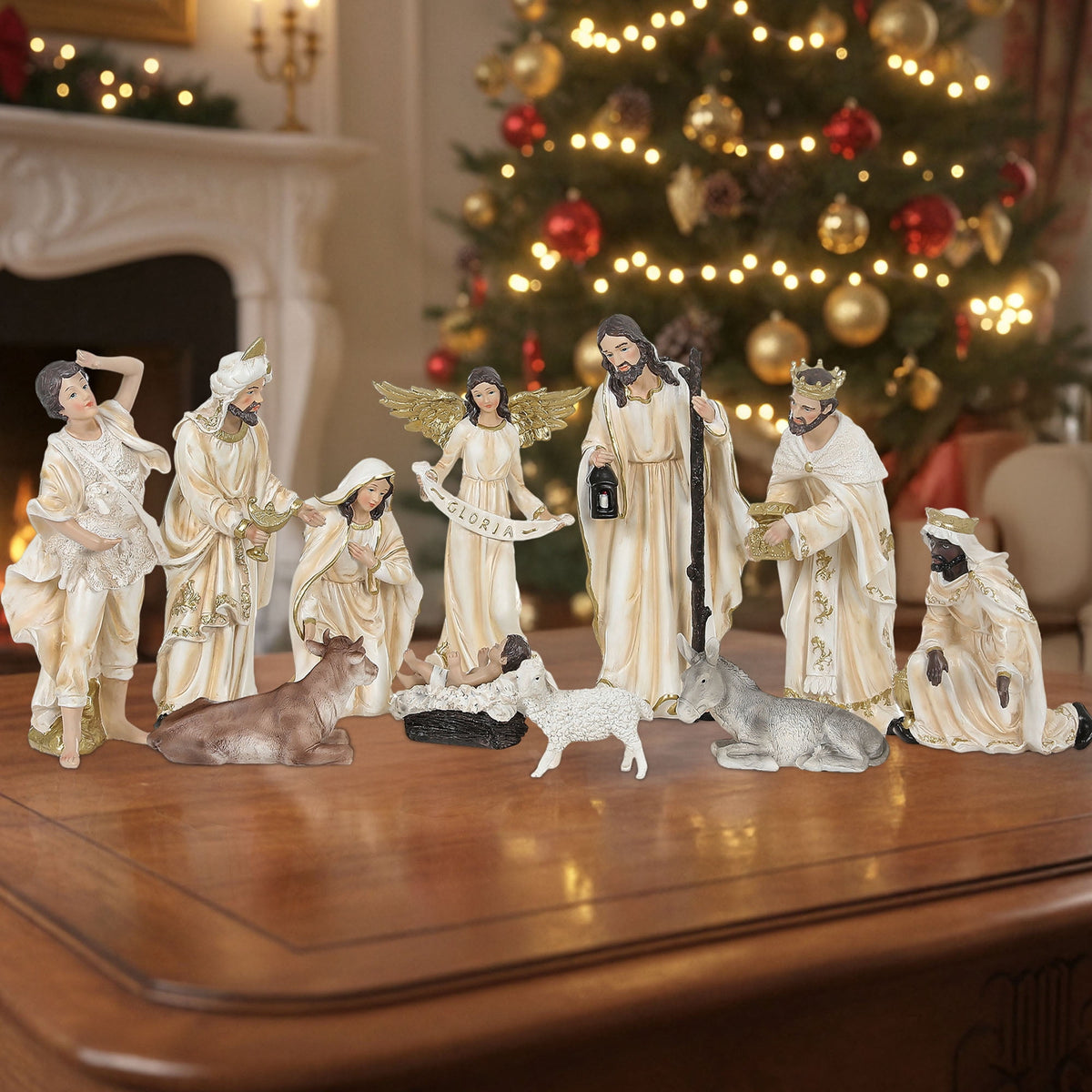 Ultym Nativity Set 12 inch 11 Piece Resin Christmas Nativity Scene Indoor Tabletop Figurines Ivory White