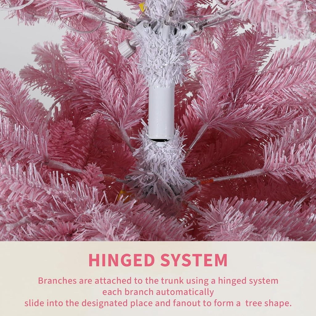 6FT Pre-Lit Snow Flocked Christmas Tree, Pink Gradient Design with 250 RGB & Warm White LED Lights, Sturdy Foldable Metal Stand for Living Room, Office & Holiday Display
